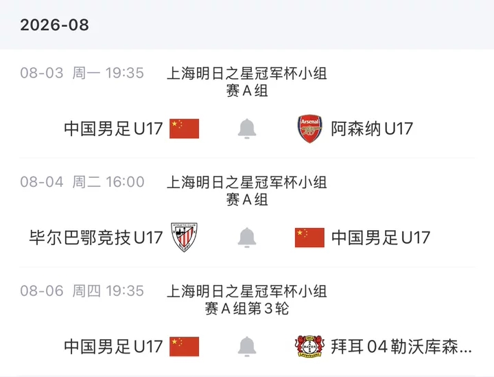 U17国足28人名单公布 8月3日对阵阿森纳U17